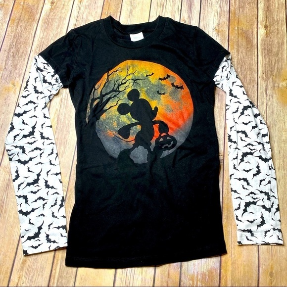 Disney Juniors Small Mickey Mouse Halloween Long Sleeve Shirt Black Silhouette - Picture 1 of 8